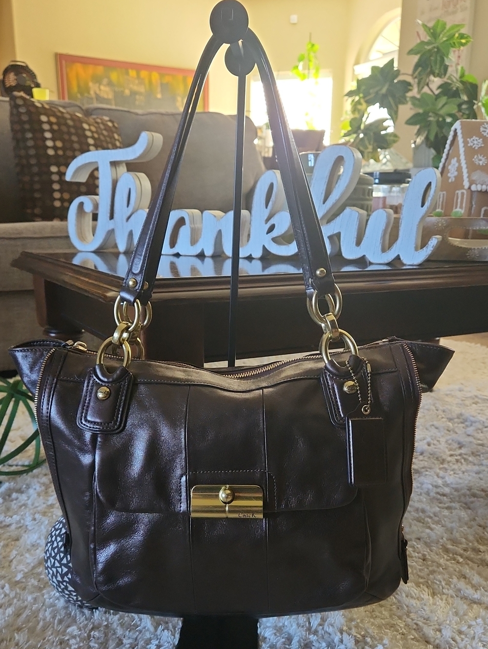 Coach Kristin Metallic Bronze Leather Shoulder Bag With Brass Hardware-EUC